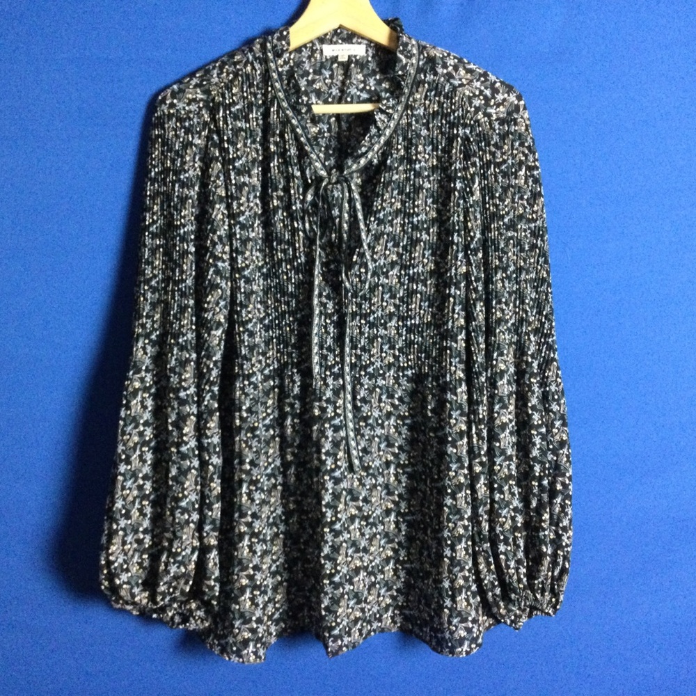 Max Studio 1X Blue Floral Blouse Puff sleeves Neck tie